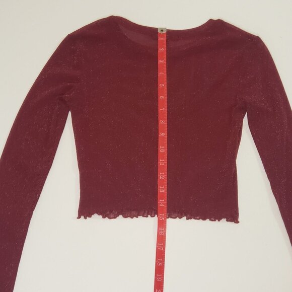 FOREVER 21 Women’s Size Small Mesh Crop Top Red Wine & Gold Shimmer Long Sleeve - Picture 10 of 16